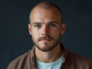 Obraz premium Young man with short hair and beard, displaying confidence and calmness. His serious expression contrasts with soft background, creating striking portrait