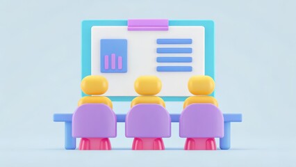 A colorful 3D illustration of three figures sitting at a table, looking at a presentation board with graphs and information.