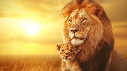 Fototapeta premium Majestic Lion and Cub at Sunset in the African Savanna