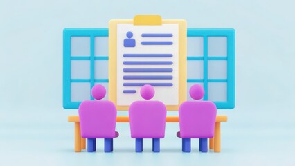A colorful illustration showing three figures seated at a table discussing a document, likely in a work or interview setting.
