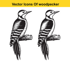 Woodpecker Vector Line Art – Flying and Perching Bird in Natural Poses, Black and White Outline Illustration