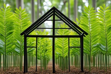Black House Frame Amidst Lush Green Plants