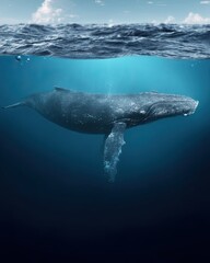 Naklejka premium Large whale swimming underwater beneath ocean surface with detailed waves and clear blue water showing the massive marine mammal in natural habitat du deep sea exploration