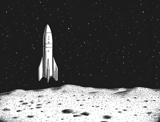 Naklejka premium Minimalist White Line Art Rocket Ship on Moon Surface, Retro Space Vector Illustration with Black Background, Simple Grunge Texture and Old-School Sci-Fi Drawing Style