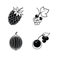 Black And White Vector Set Featuring Raspberry Grapes Gooseberry And Cherries Ideal For Design Projects And Creative Uses Of Fruits