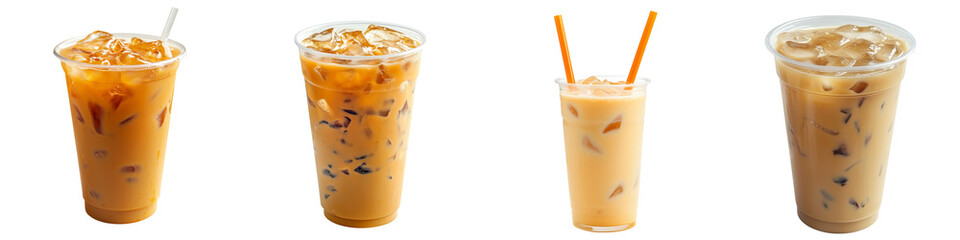 Set of iced Chinese milk tea in a transparent plastic cup, isolated on a transparent background.