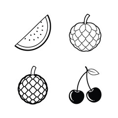 Black And White Line Art Featuring Watermelon Cherimoya And Cherries Simple Fruit Illustrations Vector Set