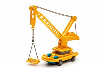 Colorful yellow toy crane boat lifting a payload on a bright and sunny day isolated on transparent background