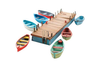 Colorful miniature boats surround a wooden dock in a creative arrangement on a white surface isolated on transparent background
