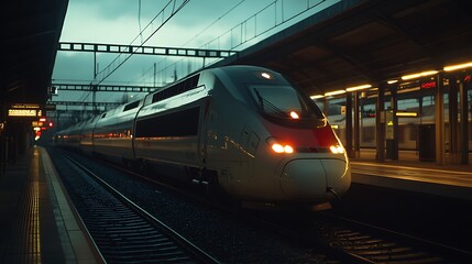 Fototapeta premium Approaching Train at Station Platform at Dusk for Commuting