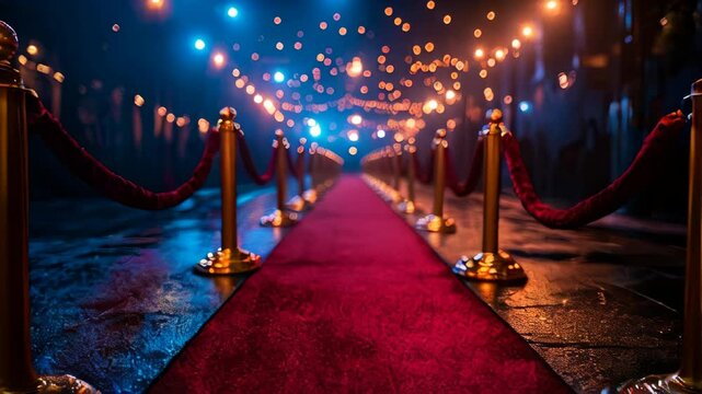 A stunning entrance features a vibrant red carpet lined with velvet ropes and golden stanchions. String lights hang above, creating a festive atmosphere for evening guests.