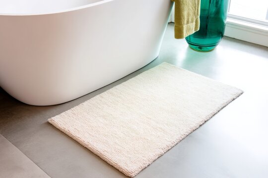 Cozy white bathroom rug in modern interior design setting. Design mockup