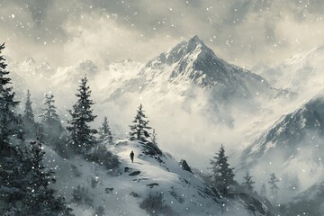 Obraz premium Snow capped mountain mist fog rolling over peak shrouding landscape mystery Snow covered tree create contrast against ethereal fog high resolution texture of snow mist lone figure walk along ridge