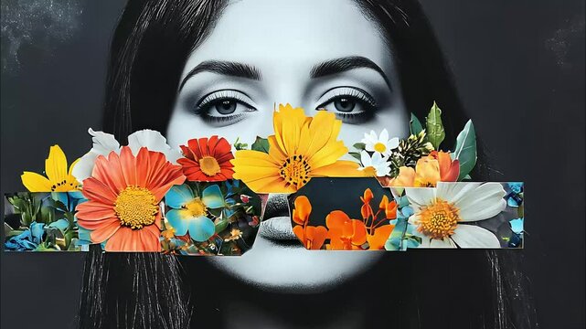 Contemporary 3d motion collage video of girl with flowers mask on her eyes flower bloom international holiday leaves branch