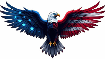 Fototapeta premium Majestic bald eagle with wings in American flag colors on white background