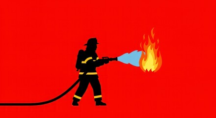 Naklejka premium Illustration of a firefighter putting out a fire with a water hose.
