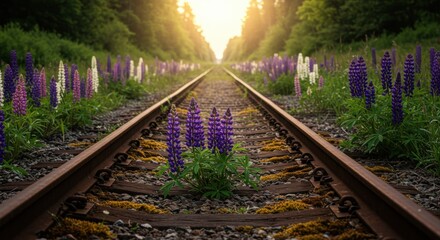 Vibrant purple and white lupine flowers bloom alongside a tranquil railway track at sunset, creating a serene atmosphere