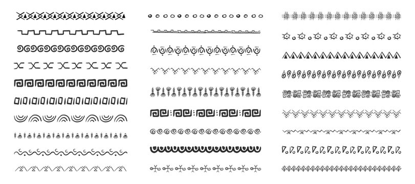 Ethnic tribal border, traditional hand drawn divider, doodle separator. Ancient motif line geometric brush, for frames, design element. 