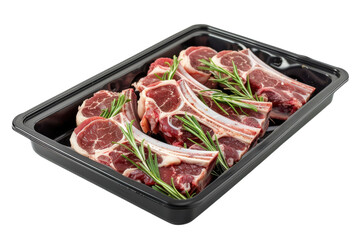 Freshly prepared lamb chops with rosemary garnishing on a sleek black tray ready for roasting isolated on transparent background