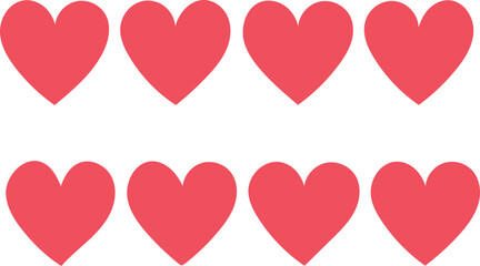 A clean and simple graphic of six coral-colored heart shapes arranged in two rows against a pure white background.