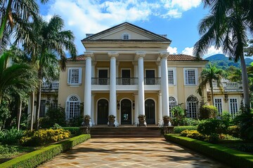 Obraz premium A large elegant building with columns and lush surrounding landscaping