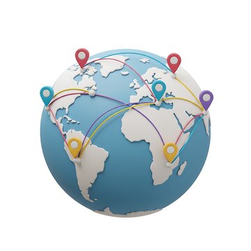 3D cartoon globe with pins and links