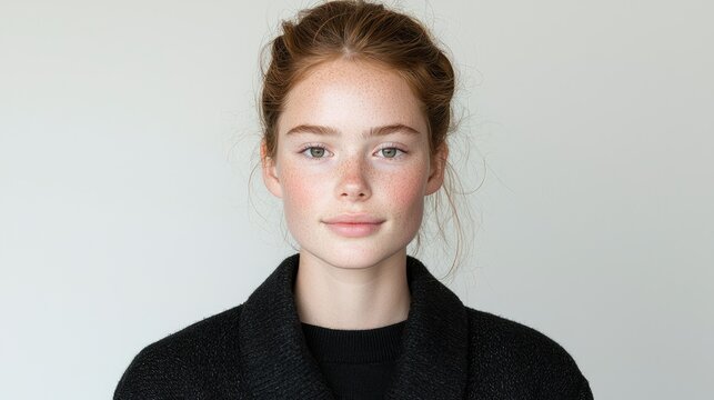 Closeup portrait neutral expression woman short reddish brown hair gray background