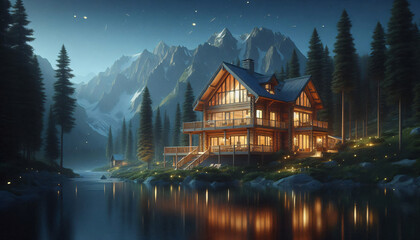 Obraz premium Mountain retreat cabin by lakeside surrounded by green trees