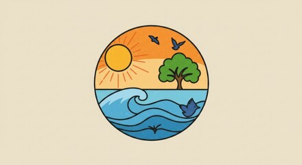 Naklejka premium Simple, colorful illustration of nature scene inside of circle frame