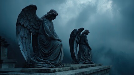 Somber Gothic Cemetery Angels Statues on a Cloudy Evening with Dark Clouds and Moody Atmosphere Creating a Dramatic and Eerie Scene for Memorials or Artwork