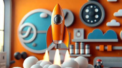 Stylized orange rocket blasting off into the future, with cloud of smoke and playful decor