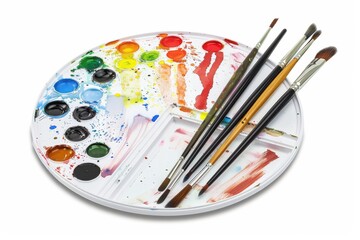 Obraz premium A vibrant palette with brushes surrounded by splashes of color waiting for artistic inspiration isolated on transparent background