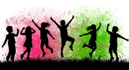 A silhouette of kids dancing with musical notes and a vibrant, fun background.