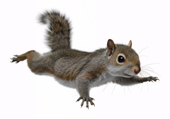 Gray squirrel falling down in the air - isolated on white