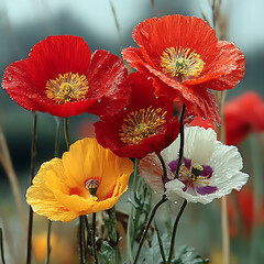 Vibrant multicoloured poppy flowers with raindrops in a spring garden, macro floral photography with red, yellow, white, and purple petals

