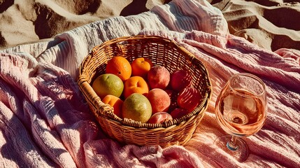 minimal summer beach picnic scene, rattan basket, blanket, fruits, wine, soft natural colors, top-down view, aesthetic outdoor vibe