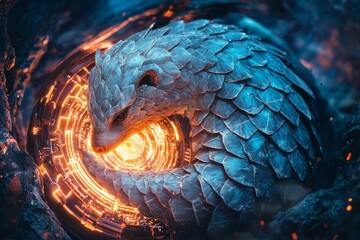Futuristic pangolin with metallic scales guarding a glowing digital core, symbolizing cybersecurity protection. Sci-fi fantasy style. AI generative.
