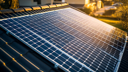 Modern solar panel installation on residential rooftop at sunset, renewable energy system for sustainable living