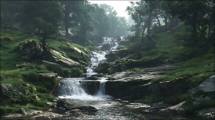 A cascading waterfall flowing into a rocky stream surrounded by lush green vegetation