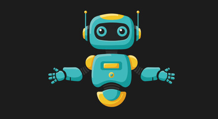 Friendly cartoon robot character with open arms on black background  