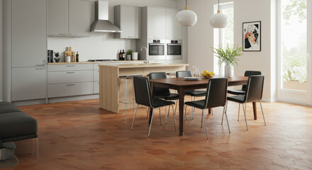 Fototapeta premium Modern kitchen and dining room with table and chairs on retro tiled floor
