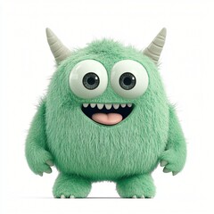 Happy Green Furry Monster Cartoon Character Illustration Digital Art for Kids' Designs
