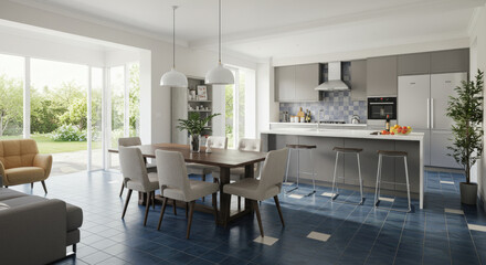 Fototapeta premium Modern kitchen and dining room with table and chairs on retro tiled floor