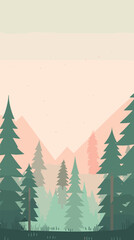 Fototapeta premium Tranquil mountain landscape with evergreen forest and colorful sky flat vector illustration