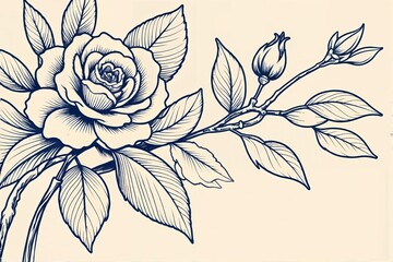 Hand drawn rose flowers illustration, line art, outline