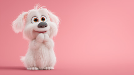 Cute fluffy dog in a playful pose against a soft pink background