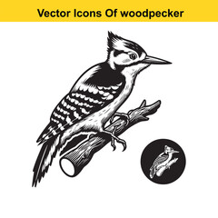 Woodpecker Vector Line Art – Flying and Perching Bird in Natural Poses, Black and White Outline Illustration