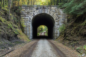 Old stone railway tunnel surrounded by trees in a serene forest setting