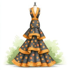 Obraz premium Elegant Black and Gold Flamenco Style Gown Illustration