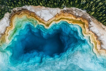 Naklejka premium Aerial view of vibrant geothermal pool, Yellowstone park, forest backdrop, nature travel